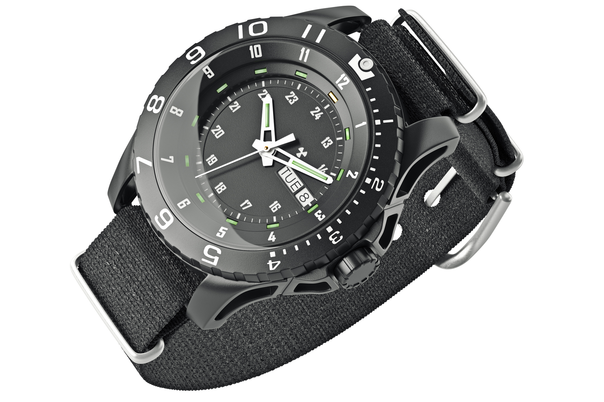Black military wristwatch with metal arrow. 3D graphic
