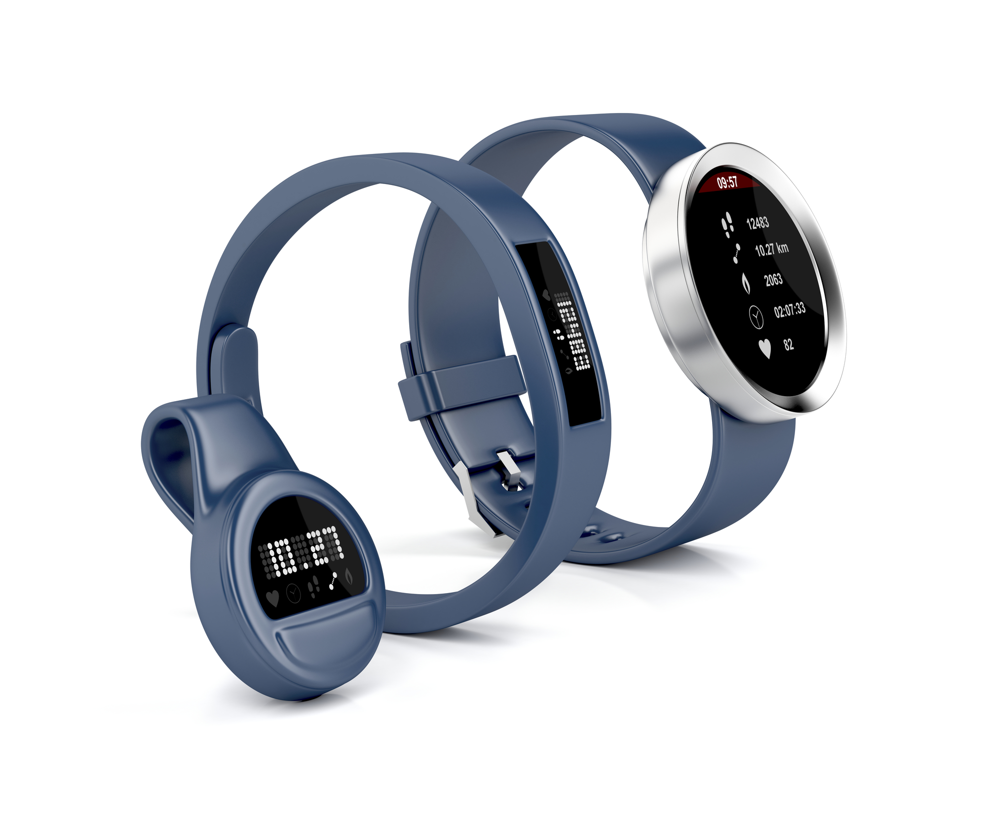 Smartwatch, wristband and clip-on activity trackers on white background